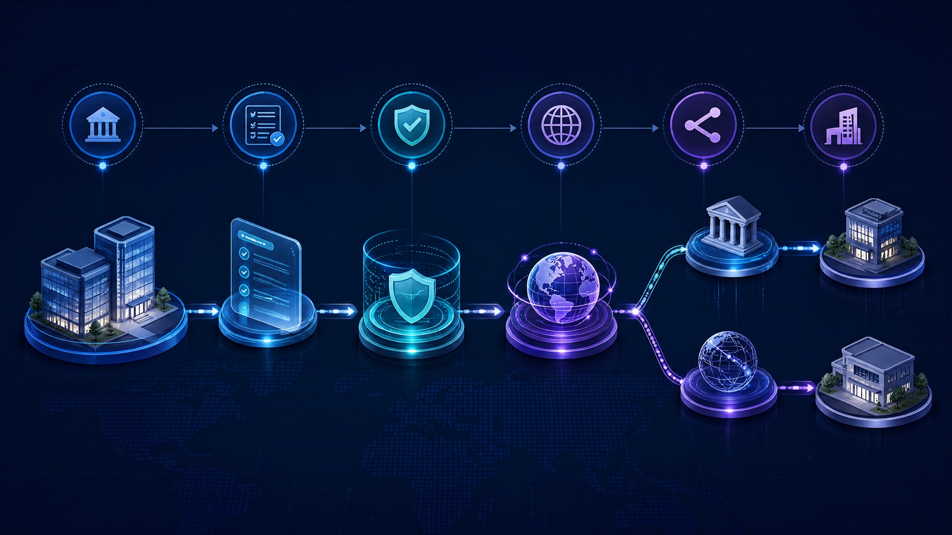 International ACH transfer flow from U.S. funding through compliance screening to local or wire delivery