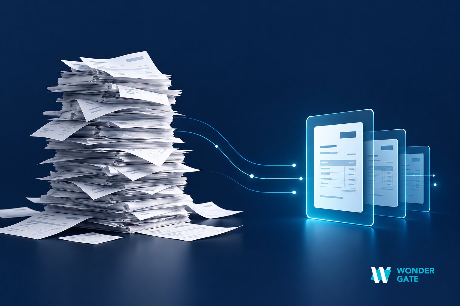 A tall messy stack of paper invoices contrasted with a clean slim digital flow, illustrating the cost of a manual AP process