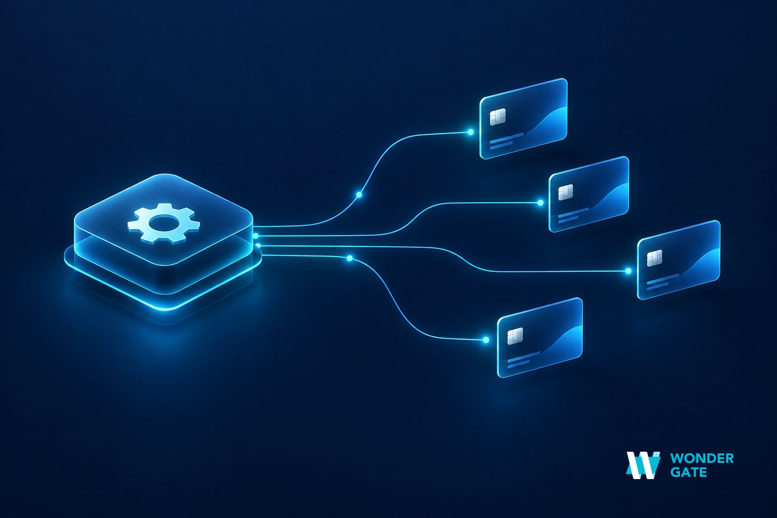 A single API node issuing several virtual card objects to the right via connecting lines, showing what a virtual card API does