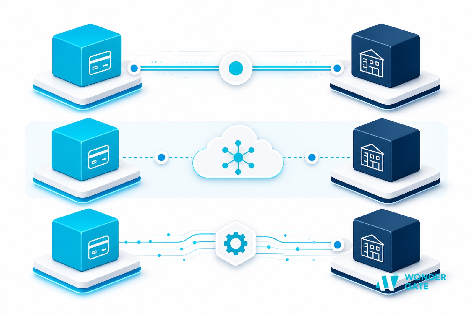 Three stacked integration layers - a direct native connector band, a middleware iPaaS band, and a raw API band - each linking a payment platform block to an ERP system block