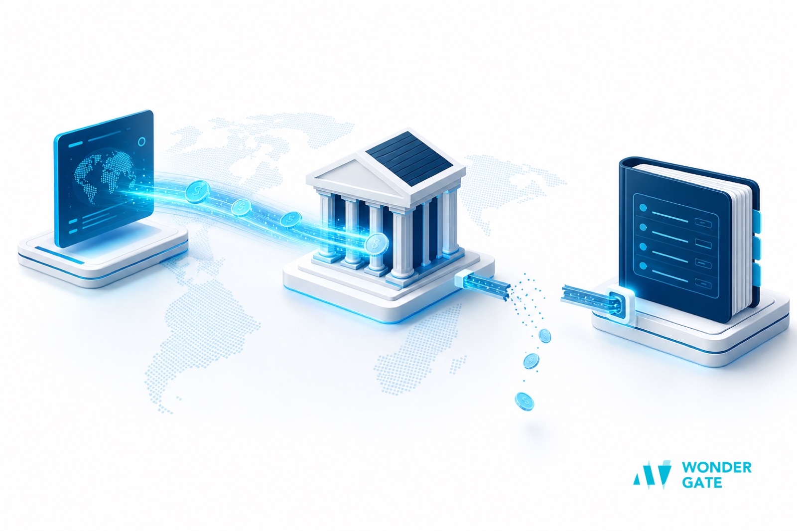 A cross-border payment reference travelling from a payment platform through a bank node, with a broken link before it reaches the general ledger, showing where reconciliation data is lost