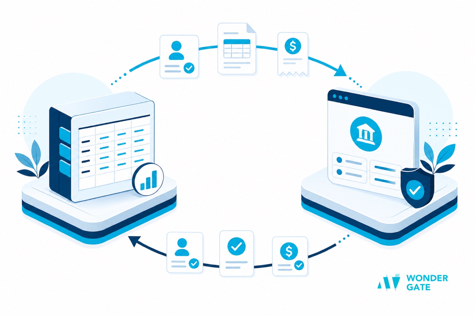 A two-way synchronization loop between an accounting ledger and a payment platform, exchanging vendor records, bills, and payment status updates