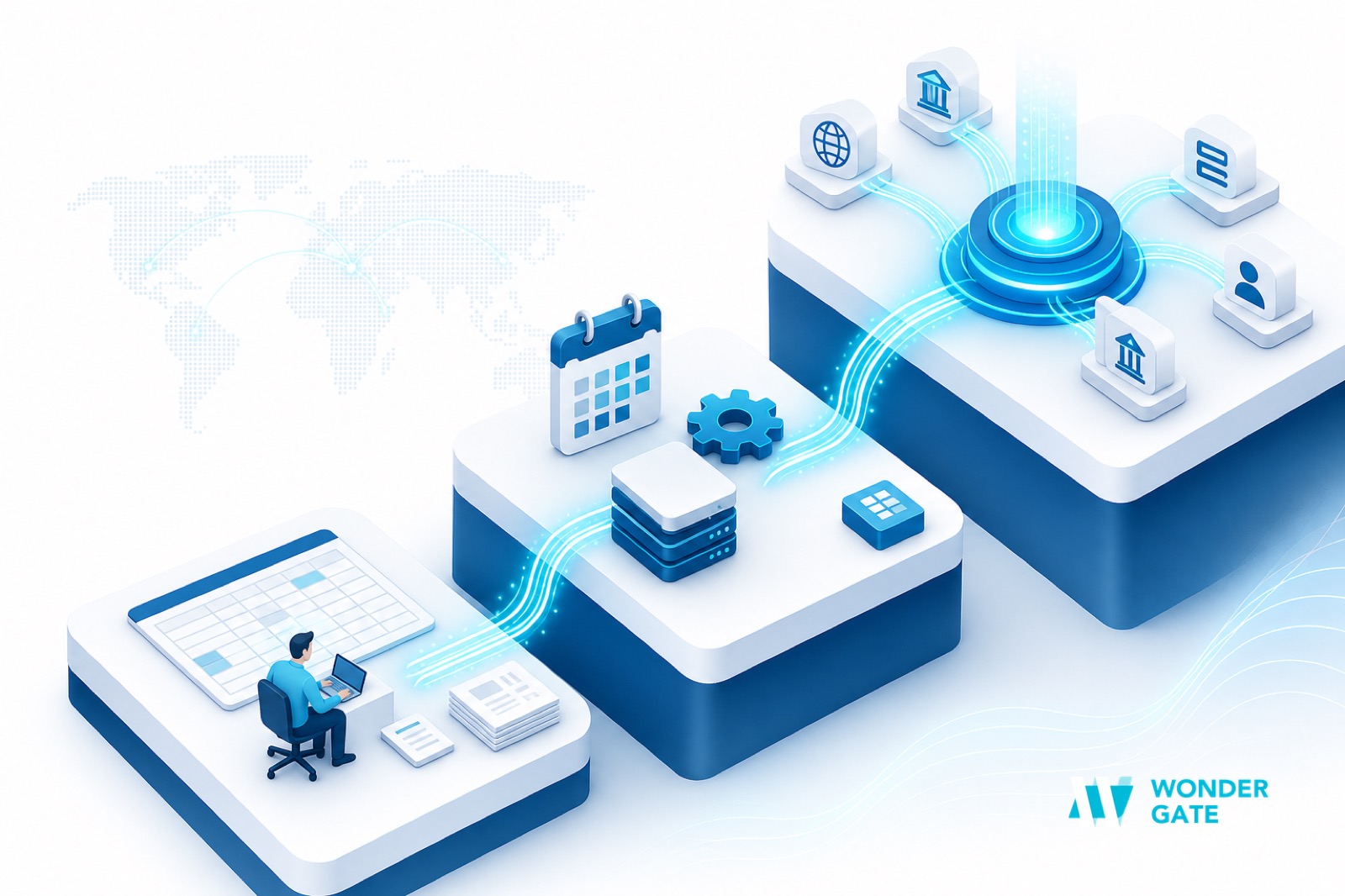 Three ascending tiers of payment posting automation — manual keying, scheduled batch posting, and real-time event-driven posting — linked by a data flow between them