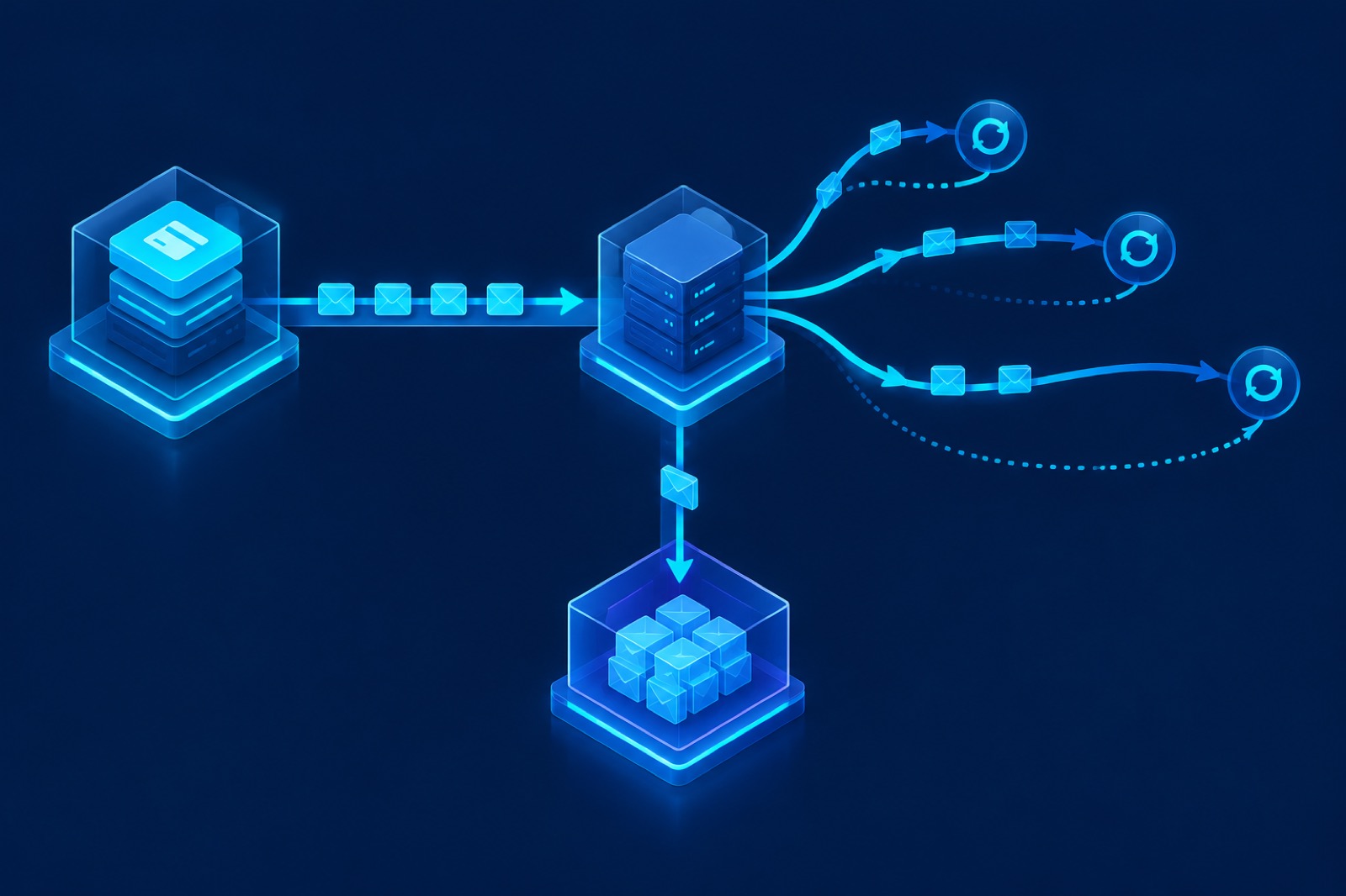 Illustration of a webhook delivery pipeline with three retry loops of increasing delay and a dead-letter queue holding failed events