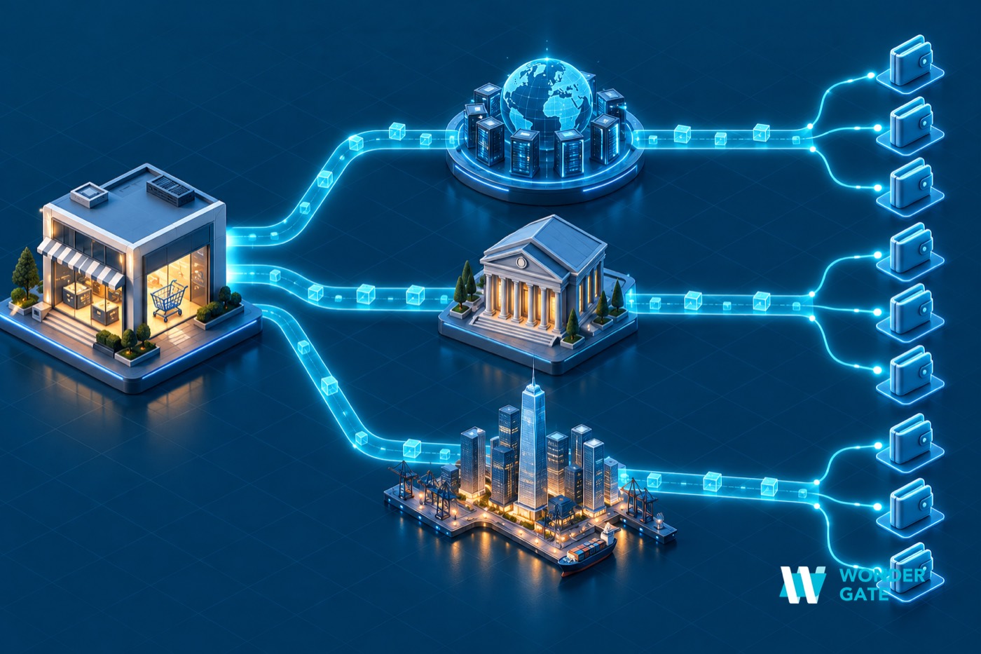 Diagram of three routes from one merchant into Chinese wallets: cross-border acquiring through an international PSP hub, domestic acquiring through a Chinese bank, and an offshore Hong Kong entity settling in HKD, USD or SGD.