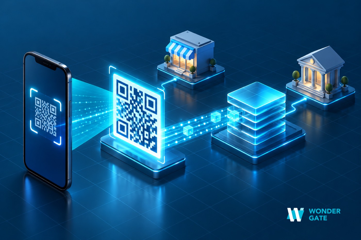 Isometric illustration of a Thai QR payment: a phone scans an EMV-style QR marker, and the transaction reference travels along a cyan channel into a settlement ledger beside merchant and bank blocks.